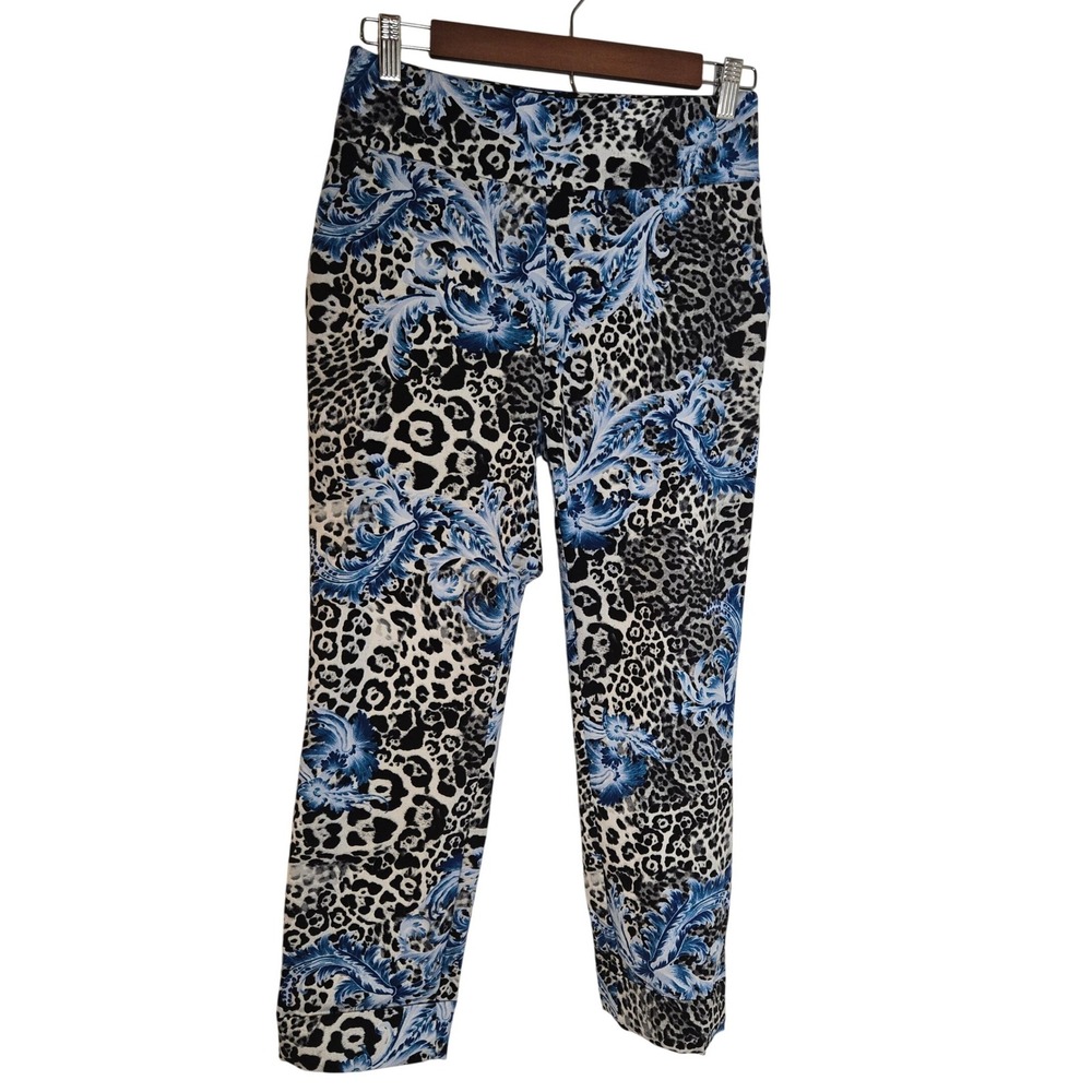 New York & Company Womens Small Blue Leopard Floral Baroque Ankle Pants Stretch‎